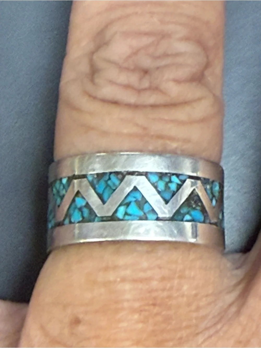 Vintage Sterling Silver Turquoise Inlay Zigzag Band Ring